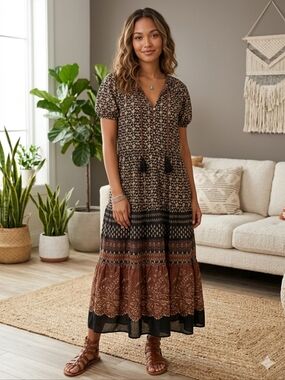 OLIVACEOUS Boho Floral Tiered Midi Dress 100% Cotton Tassel Neck Black Brown M